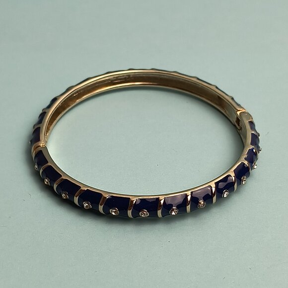 NORDSTROM Sequin Enamel Hinge Bangle Bracelet Clamper Navy Gold Tone Rhinestone - Picture 5 of 5
